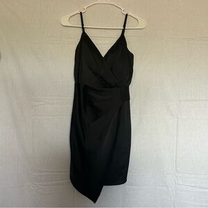 Satin Black Dress Sleeveless V Neck‎ Party Cocktail Asymmetrical Hem Deadstock